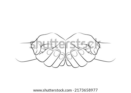 Outlines of open palms with empty place for you design, hands are carefully holding and protecting something, isolated over white background