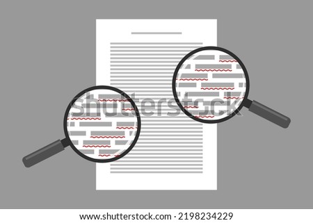 Document and red markings seen through magnifying glasses. Concept of grammar and spelling check of text, misspellings detection and correction, proofreading, spell checker software