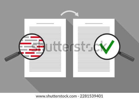 Paper sheets with text and red markings, and approved document with green tick. Concept of grammar and spelling check, misspellings detection, correction, proofreading, spell checker software