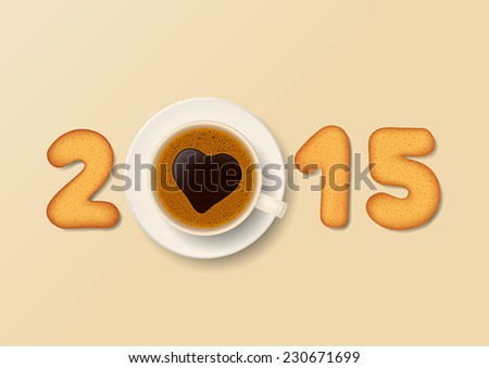 Cookies in form of numbers and coffee cup with foam heart-shaped form together the number 2015
