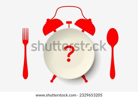 Empty plate with red silhouette of alarm clock, spoon and fork, and question mark. Concept of dieting, interval fasting, strict eating regime, healthy eating