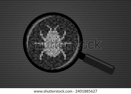 Bug silhouette made from 0 and 1 symbols of binary code, and magnifying glass. Concept of software bug detected, searching of error or fault in computer program, bug finding and fixing