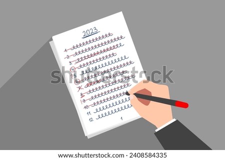 Handwritten list of 2023 goals with completed items checked off with red marks, final results of accomplished work, big wishing or shopping checklist. Concept of summing up the year results