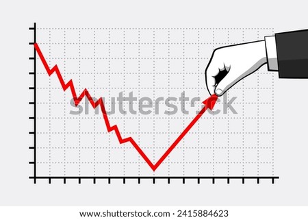 Business graph with descending zigzag line and hand pulling it up, helping to make growth process. Concept of economic and financial assistance for business progress and success, startup development