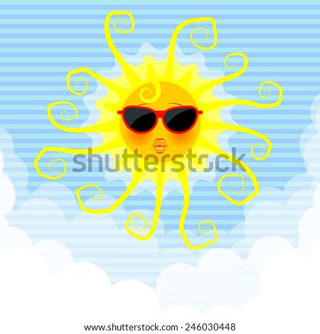 Funny sun with sunglasses and rays in the sky, and clouds at the bottom