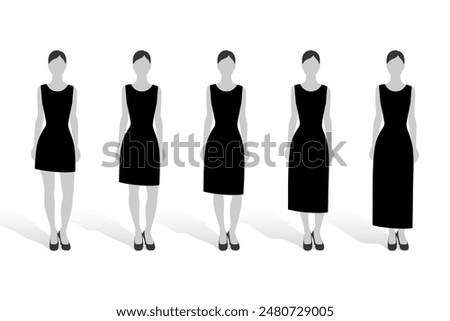 Silhouettes of women in dresses of different lengths, concept of choosing clothes length to look fit or fat, taller or shorter, fashion and beauty issues