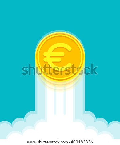 Gold coin with euro sign at high speed is rising up. Currency strengthening and increasing of euro exchange rate