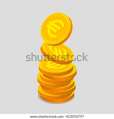 Stack of gold coins with euro signs. Coins are falling from the top, so stack is increasing. Income concept