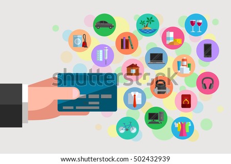 Man's hand is holding a plastic bank card. Icons of various goods and services nearby. Possible purchases and spendings available by using bank debit or credit card