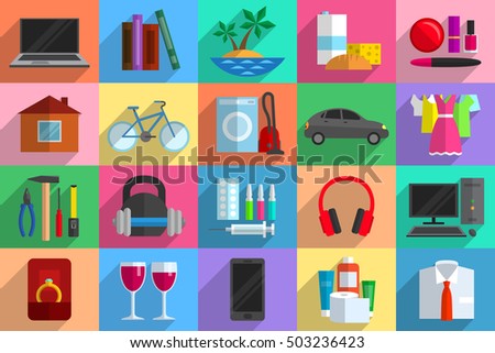 Various objects as potential purchases. Purchasing power, consumerism, sale and buying