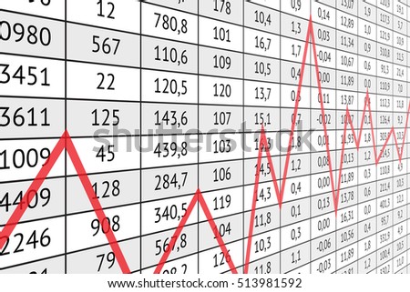 Table with a lot of numerical data and red graph line. Business information and statistics
