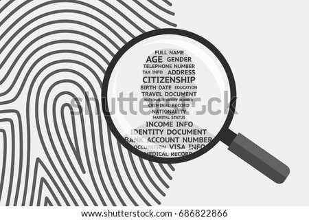 Fingerprint and magnifying glass above, man's silhouette with personal information inside. Fingerprint as source of information about person