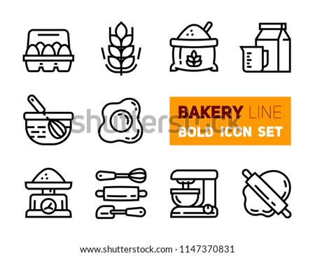 Outline icons set of bakery accessories. Vector collection, modern stroke pictogram of rolling, scapula, dough, weights, mixer, dough, rolling and other kitchen utensils. Concept bold outline symbols.