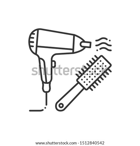 To dry hair black line icon. Hair styling items, dryer and hairbrush. Hairdresser services. Beauty industry. Pictogram for web page, promo. UI/UX/GUI design element. Editable stroke.
