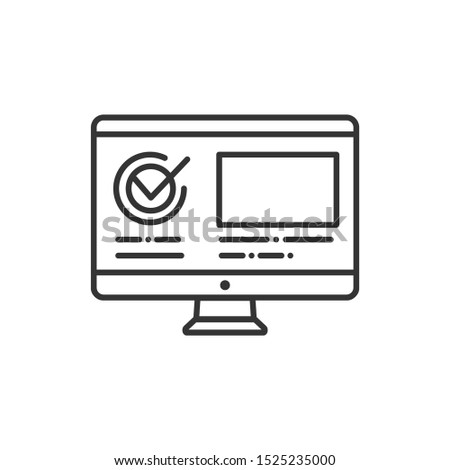 Computer with approved checkmark black line icon. Successful registration, update or download concept. Agreement, validation element. Sign for web page, mobile app. Vector isolated object. 