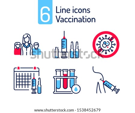 Vaccination color line icons set. Family, syringe and ampoules, virus protection, test tube. Pictogram for web, mobile app, promo. UIUX design element. Editable stroke.