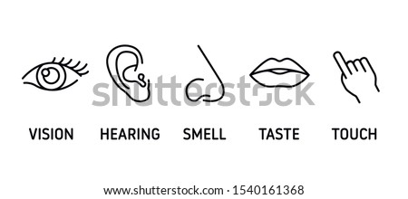 Five human senses black line icons set. Elements: vision, hearing, smell, taste, touch on colorful background. Sign for web page, mobile app, banner, social media. Editable stroke. Сток-фото © 