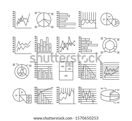 Graph and Diagram line black icons set. Including clustered column, stacked, bar, line, marked, area, pie, 3D, doughnut, sunburst, histogram, pareto, box and whisker.