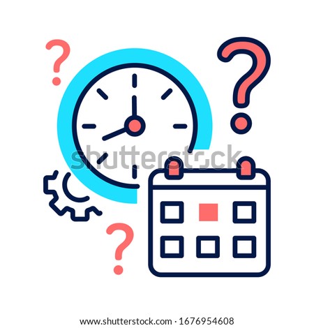 Clock and calendar with a question mark line color icon. Confusion with time and date. Dementia symptom. Memory loss. Sign for web page, mobile app, button, logo. Editable stroke.