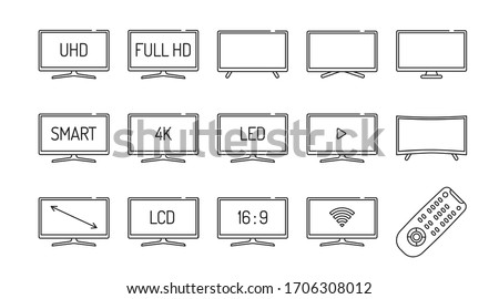TV black line icons set. Receive broadcasting signals and change them into pictures and sound. Different types of tv displays. Pictogram for web page, mobile app, promo. Editable stroke.
