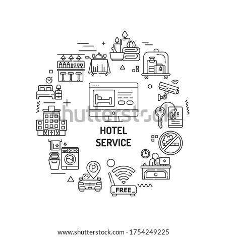 Hotel service web banner. Amenities for for guests. Hotel resort. Reservation apartament. Infographics with linear icons on white background. Creative idea concept Isolated outline black illustration