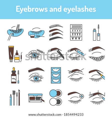 Eyelashes and eyebrows color line icons set. Pictograms for web page, mobile app, promo.