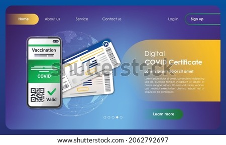 EU Digital COVID Certificate web banner and mobile app kit. Boarding pass documents for flight. Outline vector illustration