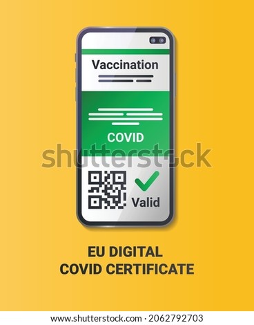 EU Digital COVID Certificate color flat element on a yellow background. QR code scanning in smartphone. Sign for web page, app. UI UX GUI design element. 