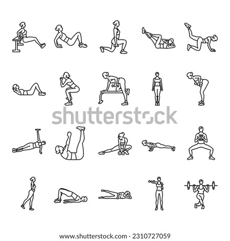 Woman fitness black line icons set. Pictograms for web page, mobile app, promo.