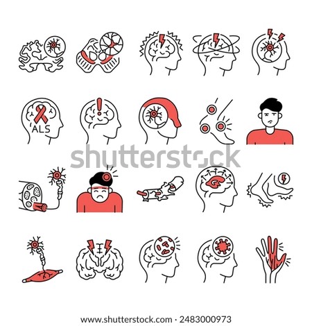 Neurological diseases line black icons set. Signs for web page, mobile app, button, logo. Vector isolated button. Editable stroke.