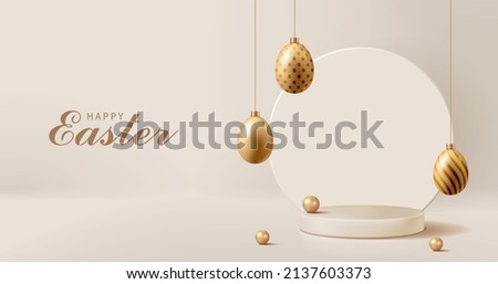 Easter banner for product demonstration. Round pedestal or podium with gold Easter eggs on cream background. Photo stock © 