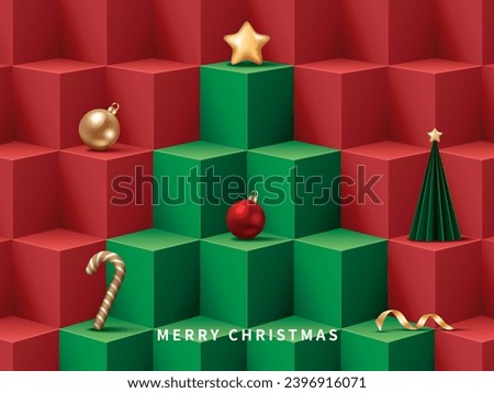 Red and green cube background for product demonstration. Christmas concept. Vector illustration for banner, poster, flyer and advertisement.
