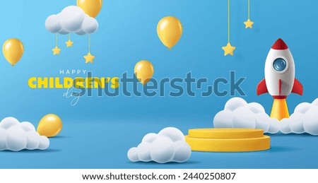 Children's day banner for product demonstration.  Yellow pedestal or podium with rocket and balloons on blue background.