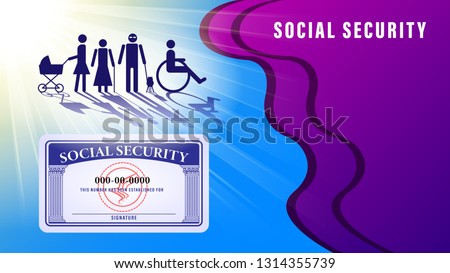 Social security card banner, poster. Simple figures of people subject to social protection under the sunlight on the abstract background. Vector Illustration