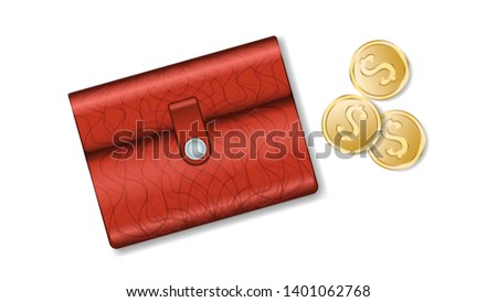 realistic leather wallet with gold coins isolated on white background. View from the top, Vector illustration