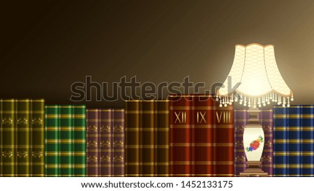 Luminous porcelain Chinese table lamp, Stack of old expensive volumes books with gold patterns. Realistic Vector, illustration.