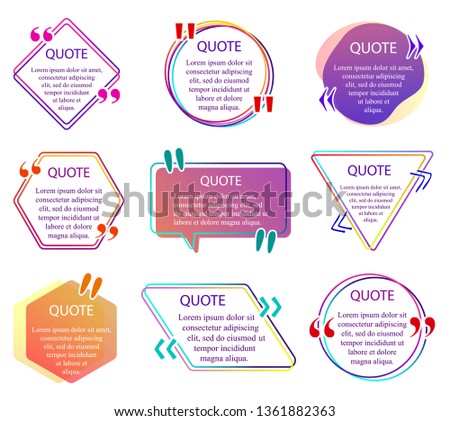 Quote info box. Set of color quotes bubble templates. Text remark frame, quotes reference label and texting dialogue words excerpt frames boxes or mention balloon. Vector Quote info box