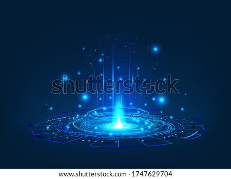 Futuristic or magic portal with glow effect. Circle digital hologram, Sci-fi teleport for UI, GUI, HUD and presentation with light. Magic circle podium. Virtual reality projector. Vector illustration