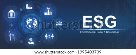 Banner ESG - Environmental, Social and Corporate Governance. Info banner calling to remember the involvement of this company in solving environmental, social and management problems with icons. Vector