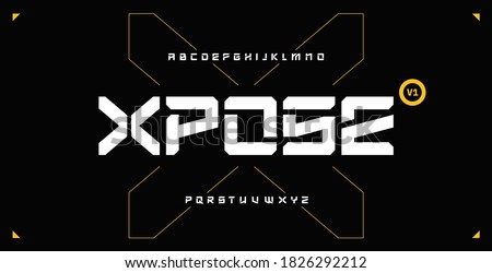Futuristic abstract modern techno font, abstract geometric sci fi bold display letter set, stencil clean stencil monospaced xpose typeface