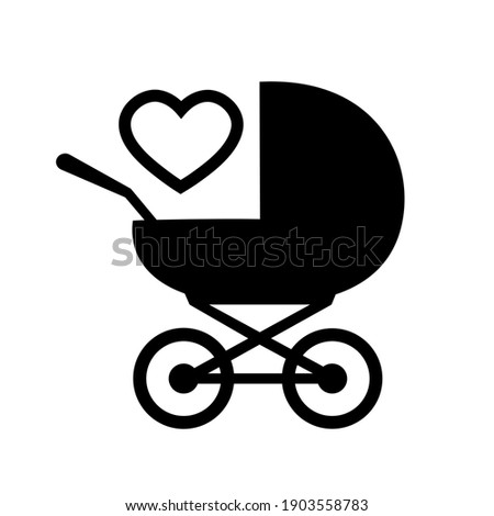 Baby carriage icon on white background. A symbol of the birth of a child, maternal care and love. Vector isolated illustration.