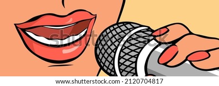 A beautiful girl sings or speaks into a microphone. Face and mouth close-up. Vector cartoon pop art illustration