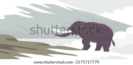 Ancient woolly american mammoth. Extinct animal of the Ice Age. Tusks and trunk. Prehistoric animals. Vector cartoon illustration on the background of rocks