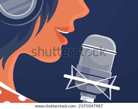 Young girl singer in a recording studio. Microphone and headphones. Face close up. Beautiful song and voice. Music album recording, artwork, radio podcast and live. Cartoon vector illustration