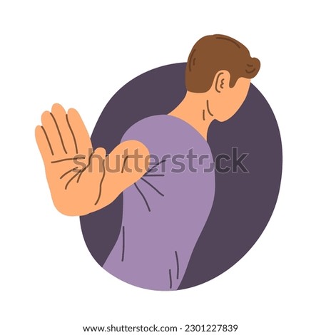 Young man resolutely refuses. Stop hand gesture. Hate, reject and respond. Human negative emotion. Cartoon vector illustration isolated on white background