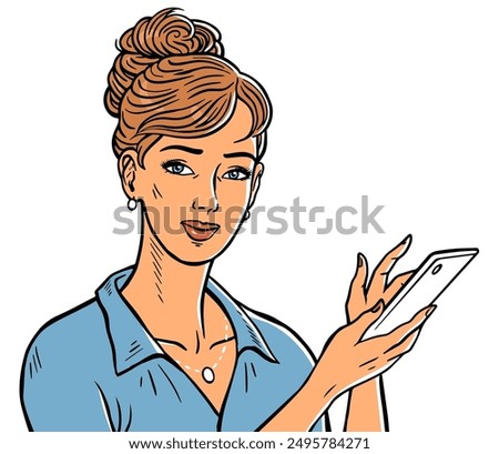 Beautiful girl with a phone. Portrait of a young woman. Communication, calling, searching for information. Specialist consultant. Help service Vector illustration on white. Hand drawn style outline