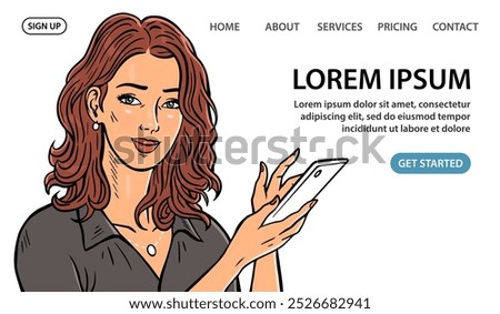 Beautiful girl with a phone. Portrait of a young woman. Communication, calling, searching for information. Specialist consultant. Help service Vector illustration on white. Web banner and website