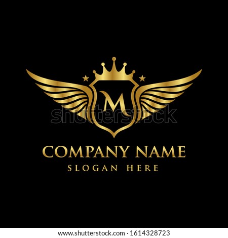 Luxury royal wing Letter M crest Gold color, Victory logo, crest logo, wing logo, vector logo template