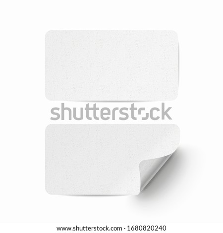 Vector white realistic paper adhesive stickers with curved corner and grain texture on transparent background.