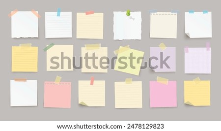 Large set of vector realistic note papers with pin and adhesive tape with diffrent colors on transparent background.